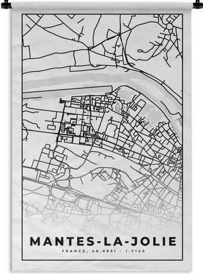 Wandkleed - Wanddoek - Frankrijk - Plattegrond - Stadskaart - Kaart - Mantes-la-Jolie - Zwart wit - 120x180 cm - Wandtapijt