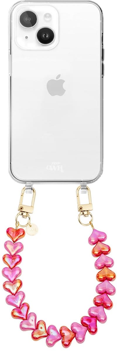 xoxo Wildhearts siliconen hoesje - Geschikt voor iPhone 15 Plus hoesje - Funky Hearts (Pink & Red Metallic) - Telefoonhoesje - Hoesje met koord - Roze en Rood koord - kort telefoonkoord - Hartjes ketting - Transparant hoesje