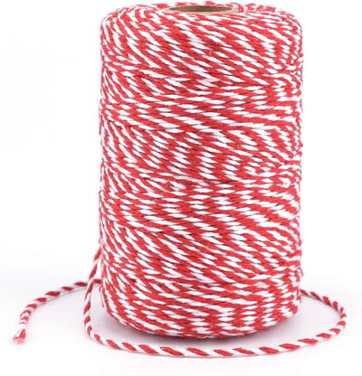 200m Rood Witte Katoenen Touw, 2mm Cadeautouw voor Inpakken, Kerstdecoratie en Ambachten, Perfect voor Adventskalenders en Cadeaus