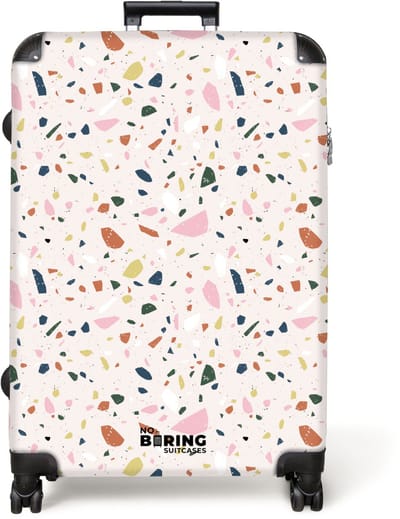 NoBoringSuitcases.com® - Koffer groot - Reiskoffer lichtgewicht - Terrazzo patroon kleurrijk licht roze - Rolkoffer met 4 wielen - Grote trolley XL - 98 liter bagage