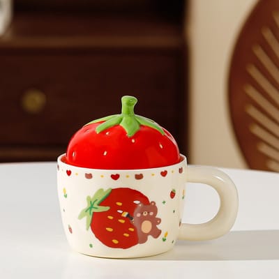 Aardbeien Keramische Beker met Deksel voor Meisjes Hart Kantoor Drinkbeker Hoge Waarde Mok met Handvat Bekeropening Cadeau 320ML