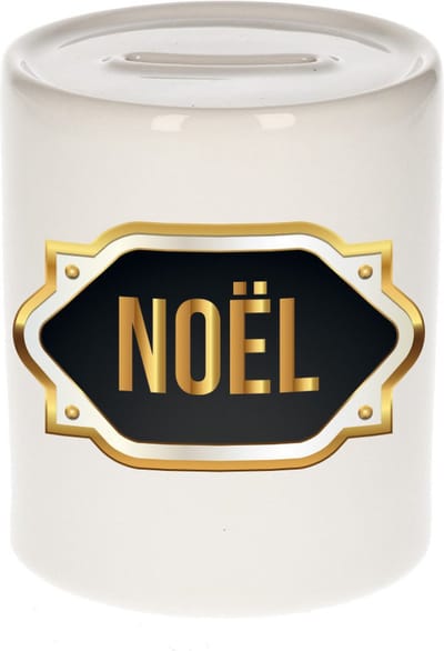 Spaarpot met voornaam Noel - wit - met goud/zwart embleem - 8 x 9 cm - keramiek - met afsluitdop - cadeau verjaardag
