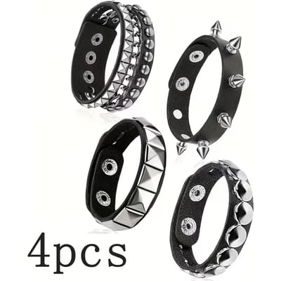 Bracelet Punk Clouté en Faux Cuir 4 Pièces, Convient Aux Hommes et aux Femmes, Peut Être Porté au Quotidien et est Parfait pour les Fêtes gray