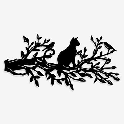 Metalen Kat Boom Wanddecoratie in Matte Stijl - Silhouet Wandkunst voor Thuis, Tuin en Feestdecoratie 14,5 x 30 cm