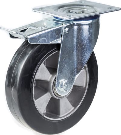 200 mm (8") zwenkwielen met zwenk- en remfunctie, zwart rubber, zeer stevig, draagvermogen 1400 kg, set van 4