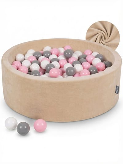 KiddyMoon Fluwelen Ballenbak voor baby 90x30cm 300 ballen - Zacht Velours Ballenbad - Zand Beige