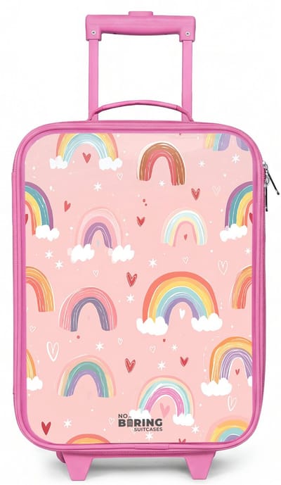 NoBoringSuitcases.com® - Kinderkoffer roze - Kindertrolley meisje - Regenbogen op een roze achtergrond - Koffer kind lichtgewicht - Reiskoffer trolley voor kinderen - Koffertje met lichtgevende wieltjes - Rolkoffer