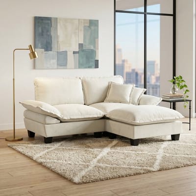 OKWISH Hoekbank 194 x 151 cm - Met Verplaatsbare Ottomane En 2 Kussens - Voor Woonkamer Of Appartement - Chenille - Beige