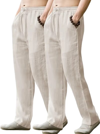 Livano Linnen Broek Heren - Zomerbroek - Volwassenen - Lange Broek - Pantalon - Strandbroek - Zomer - Ibiza Stijl - 2 Stuks Beige - Maat S