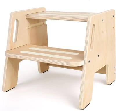 Stabiele houten kindertrap met 2 treden, antislip, handvat, tot 150 kg, ideaal voor badkamer, keuken en kinderkamer