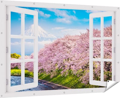 Gards Tuinposter Doorkijk Roze Bloesembomen bij de Fuji Berg - 180x120 cm - Tuindoek - Tuindecoratie - Wanddecoratie buiten - Tuinschilderij