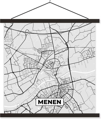 Posterhanger incl. Poster 60x60 cm - Schoolplaat - Stadskaart – Plattegrond – België – Zwart Wit – Menen – Kaart - Textielposter - Zwarte latten - Stadskaart