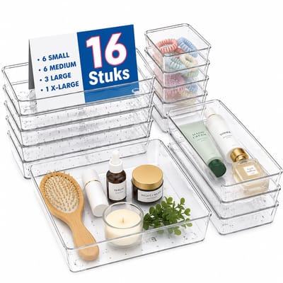 Lade-Organizer 16-Delige Set in 4 Maten - Transparante Kunststof Make-Uptafel Organizer voor Lade Bureau Keuken Badkamer en Kantoor - Modulair Opbergsysteem