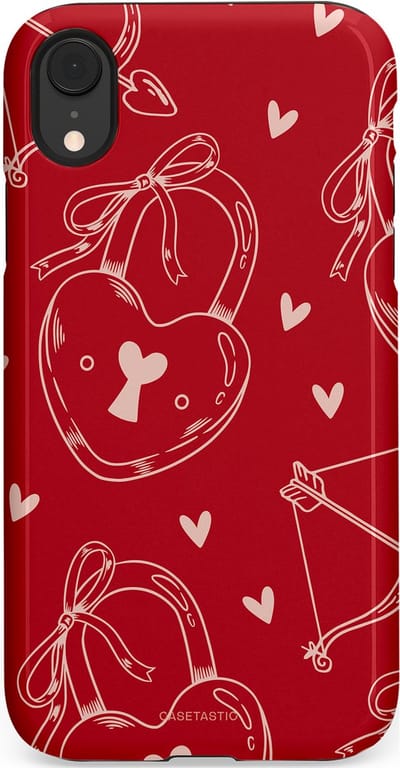 Casetastic Hoesje Geschikt voor Apple iPhone Xr - Stijlvolle Beschermende Duo-layer Case - Hartendief - Liefdes Slotjes - Valentijn - Valentine - Love - Rood Wit