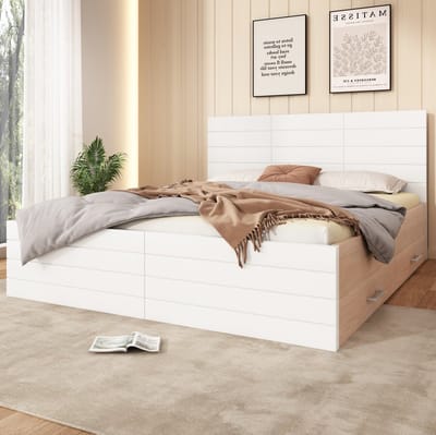 MEUNIQ tweepersoonsbed 160 x 200 cm met lattenrost en 2 verplaatsbare lades, bedframe met opbergruimte voor slaapkamer, wit en licht eiken