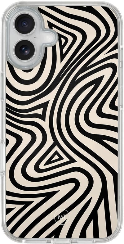 Hybride hoesje geschikt voor iPhone 16 - Groovy lines - Extra bescherming - Luxe beschermhoes - TPU case - Transparant, Zwart - Mooie Telefoonhoesjes