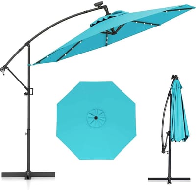 Linkforu - Parasol - 32 Zonne - LED-Lampjes - Kantelhoek van 360 Graden - 245 Hoog - Zwengelhandgreep – Metalen Voet - Turkoois