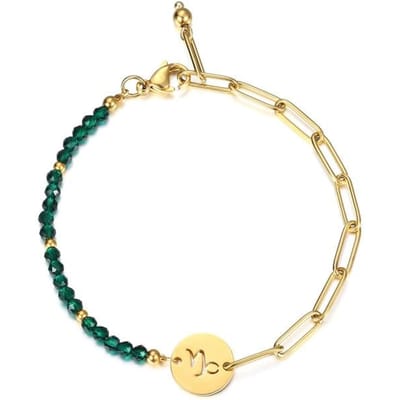 Bracelet à breloques signe du zodiaque pour femme, chaîne rolo en acier inoxydable doré, perles à facettes vertes, DB293 beige