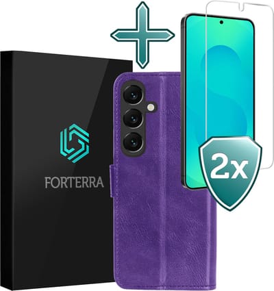Hoesje Met 2x Screenprotector - Geschikt voor Samsung Galaxy S25 - Luxe Pasjeshouder - Flip Case - Bookcase Portemonee - Kunstleer Book Case - Flipcase Hoes - Book Cover - Walletcase - Portemonneehoes - Paars