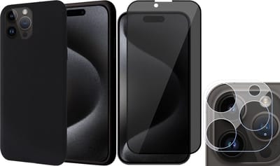 Hoesje geschikt voor iPhone 15 Pro - Privacy Screenprotector FullGuard & Camera Lens Screen Protector - Back Cover Case SoftTouch Zwart