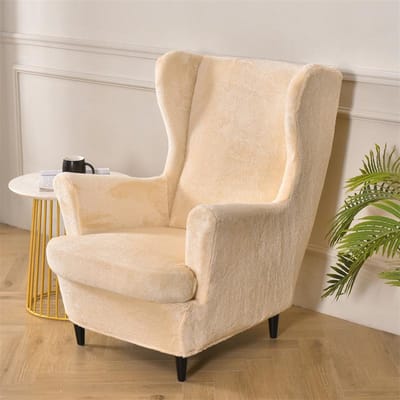 Verdikken Pluche Oorfauteuilhoes Stretch Oorfauteuilhoezen Elastische Winter Eénpersoonsbankhoezen met Zitkussenhoes beige
