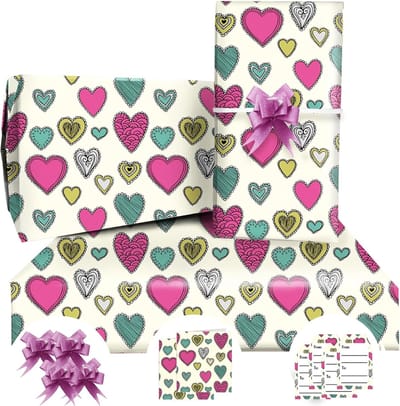 Famanu - Hart Happy Birthday Inpakpapier Jumbo formaat 85 x 60 cm, 4 vellen met 4 roze strikken, 2 verjaardagskaarten, 4 cadeaulabels, geschenkverpakking voor meisjes, jongens, vrouwen, mannen, kinderen