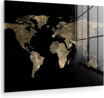 MuchoWow® Glasschilderij 160x120 cm - Schilderij acrylglas - Wereldkaart - Goud - Zwart - Aarde - Luxe - Foto op glas - Muurdecoratie woonkamer - Wanddecoratie slaapkamer - Schilderijen