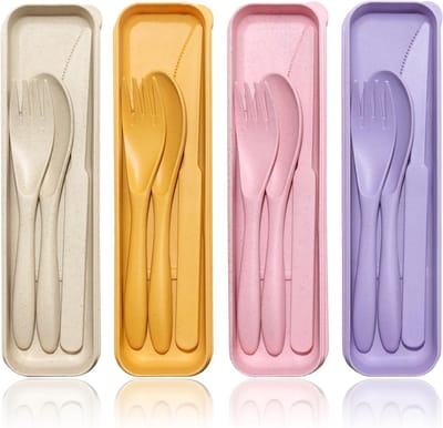 4 plastic bestekset, herbruikbaar reisbestek met etui, campingbestek met lepel, mes, vork, draagbare gebruiksvoorwerpen voor lunchbox, kunststof bestekset voor reizen, picknick, school, kantoor