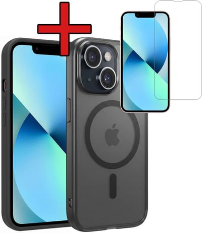 Hoesje - Met Screenprotector - Geschikt voor Apple iPhone 14 - Magsafe Compatible - Sterk & Shockproof - Shock Proof Case - Back Cover - Telefoon Hoes - Telefoonhoes - Zwart