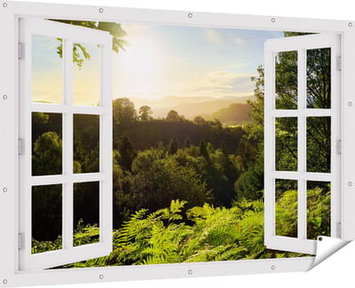 Gards Tuinposter Doorkijk Zonsondergang vanuit een Bos - 180x120 cm - Tuindoek - Tuindecoratie - Wanddecoratie buiten - Tuinschilderij