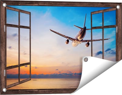 Gards Tuinposter Doorkijk Vliegtuig Boven de Zee bij Zonsondergang - 60x40 cm - Tuindoek - Tuindecoratie - Wanddecoratie buiten - Tuinschilderij