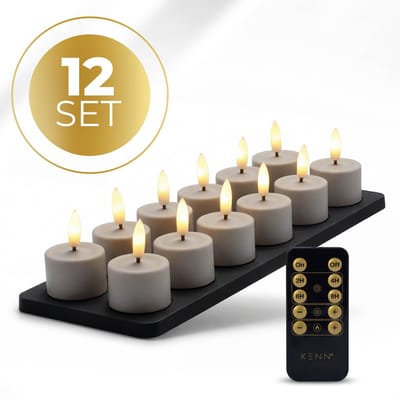 KENN® GlowPro™ Oplaadbare Waxinelichtjes – Tot 350 Branduren – Set van 12 – Taupe – Met Afstandsbediening – Magnetisch Oplaadstation – Timer – Realistische Wax Look & Feel – LED Waxinelichtjes – Oplaadbare Theelichtjes – Oplaadbare Kaarsen – Horeca