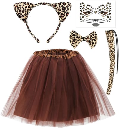Dailygoods- Luipaardkostuumset - Luipaardoren - Gezichtstattoo - Bruine Tutu-Rok - Luipaardstaart - Comfortabel en elastisch - Dierenverkleedkostuum