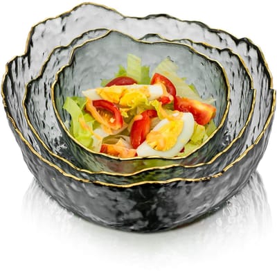 Dailygoods- Serveerschalen Set van 3 - Glazen Schalen met Gouden Rand - Diepe Schalen voor Soep/Pasta - Multifunctioneel - Voedselveilig - Elegante Uiterlijk - Glazen Kommen
