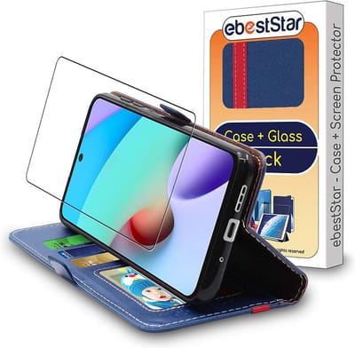 ebestStar - Hoes geschikt voor Xiaomi Redmi 10 (2022, 2021), Wallet Etui, Book case hoesje, Donkerblauw, Rood + Gehard Glas