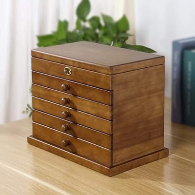 Houten sieradendoos - Juwelendoos organizer - Sieraden opbergen - Met spiegel en slot - 6 lagen - Natuurlijk hout