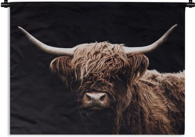 Wandkleed - Wanddoek - Schotse Hooglander - Zwart - Hoorn - 60x45 cm - Wandtapijt