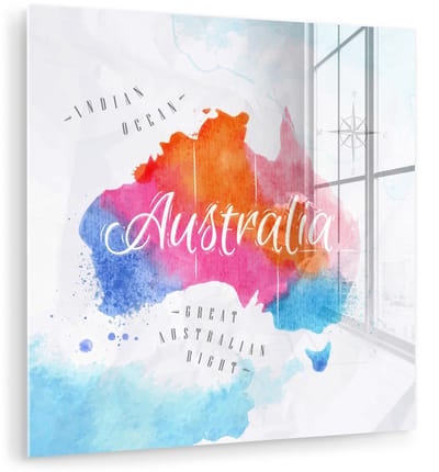® Glasschilderij 90x90 cm - Schilderij acrylglas - Olieverf - Wereldkaart - Australië - Foto op glas - Muurdecoratie woonkamer - Wanddecoratie slaapkamer - Schilderijen