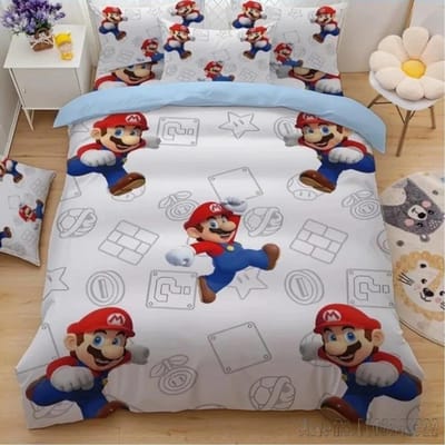 Anime Cartoon Super Mario Bros Kinderbeddengoed Set Baby Dekbedovertrek Sets Beddengoed Eenpersoons Eenpersoons Kingsize Kinder- en Volwassenen Cadeau EU Single(135*200cm)3pcs white