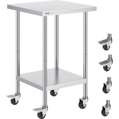 VEVOR RVS werktafel, 61 x 61 x 96,5 cm, voorbereidingstafel met 4 wielen, 3 verstelbare hoogteniveaus, werktafel voor voedselbereiding voor professionele keukens en restaurants