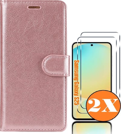 Hoesje geschikt voor Samsung Galaxy S25 bookcase Rose Goud - Met screenprotector tempered glass Galaxy S25 - 2x