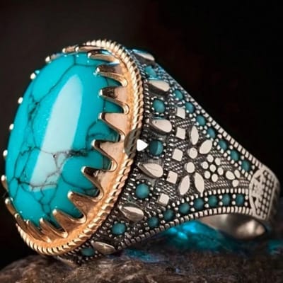 Européen et Américain Punk Nouveau Rétro Bague Homme Plaqué Électrolytique Bicolore Incrustée de Turquoise Bague de Banquet Personnalité Style Punk 7 white