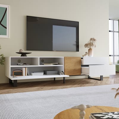 Moderne Tv-meubel - wit en houtlook - 180 x 50 x 38 cm - minimalistisch design