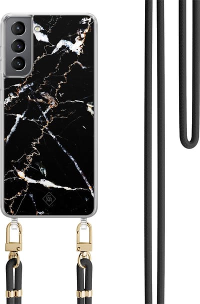 Casimoda® hoesje met koord - Geschikt voor Samsung S21 - Marmer Zwart - Afneembaar koord - TPU/polycarbonaat - Zwart