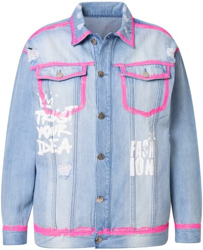 Angel of Style - Dames - Denim jas oversized tekst neon-randen - Licht blauw denim - Maat 50