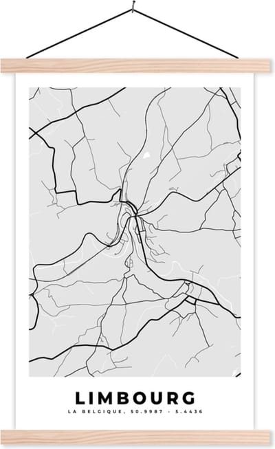 Posterhanger incl. Poster 40x60 cm - Schoolplaat - Stadskaart – Zwart Wit - Kaart – Limbourg – België – Plattegrond - Textielposter - Blanke latten - Stadskaart