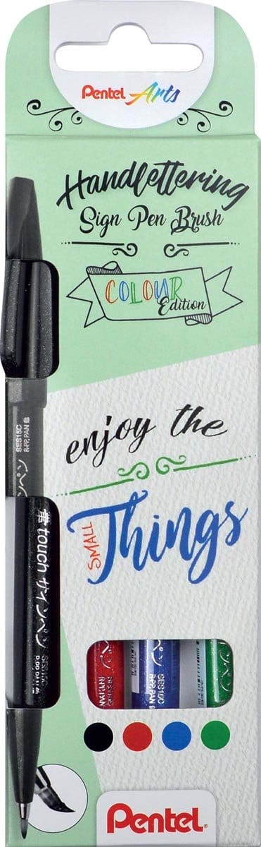 Pentel - Brushpennen - Rood, Zwart, Blauw, Groen -  per 4 verpakt