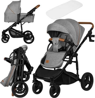Lionelo Mari Tour 2in1 Kinderwagen – All-terrain 27 cm wielen – 3D panoramische ventilatie – Centrale vering met 3 standen – Memory-knoppen – Eénhandig losklikken – UPF50+ waterdichte kap – Comfortmatras met katoen – Draagbare reiswieg (tot 9 kg)