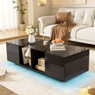 DESMIU Salontafel - Moderne Zwarte Tafel Met Ledverlichting En Glasplaat - Voor Woonkamer En Interieur - MdF En Glas - 120x50x38,5 Cm