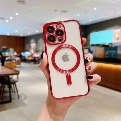 Hoesje Geschikt voor Apple iPhone 14 pro silicone Back cover met lenzbeschermer/magneet case Telefoonhoesje/transparant met Rood randen
